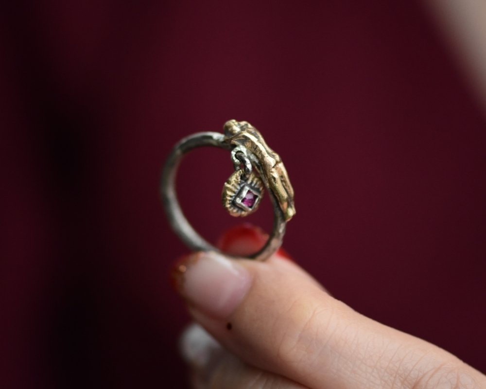 One of One—Dreaming of Love Muse Ring with Dancing Ruby Charm - franny e