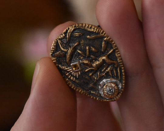 One of One—A Fox & A Hummingbird Brooch