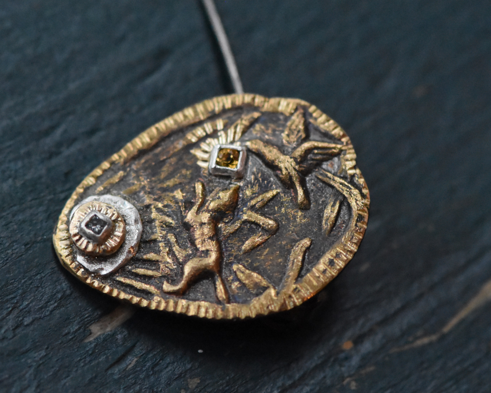 One of One—A Fox & A Hummingbird Brooch