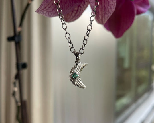 One of One—Crescent Moon of Meaning with Emerald Necklace - franny e