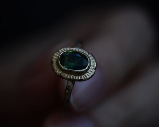 One of One—The Tops of the Hemlocks with Green Sapphire & Fairmined Gold - franny e